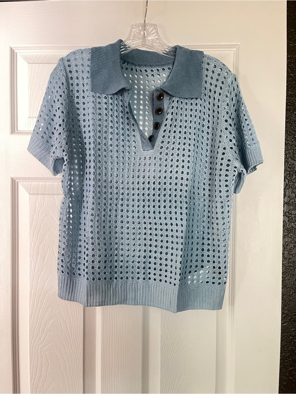 SHEIN Light Blue Openwork Polo Knit Top